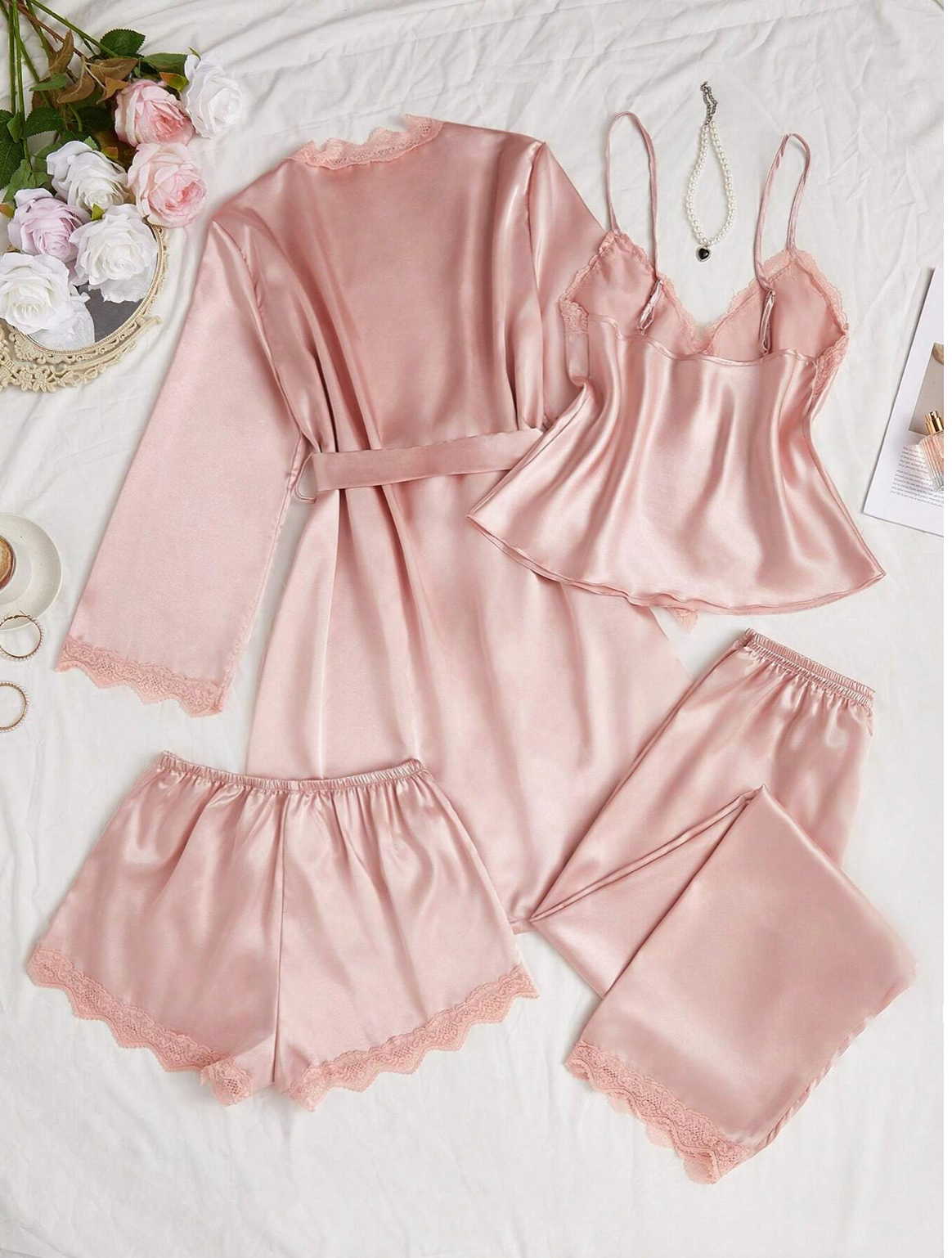 4pcs Pink Lace and Silk Pajama