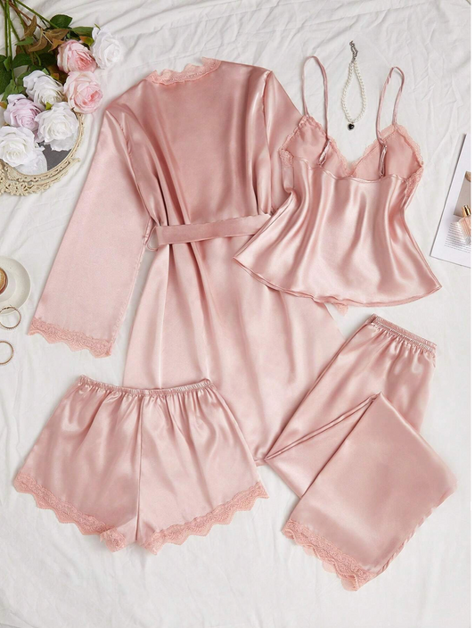 4pcs Pink Lace and Silk Pajama