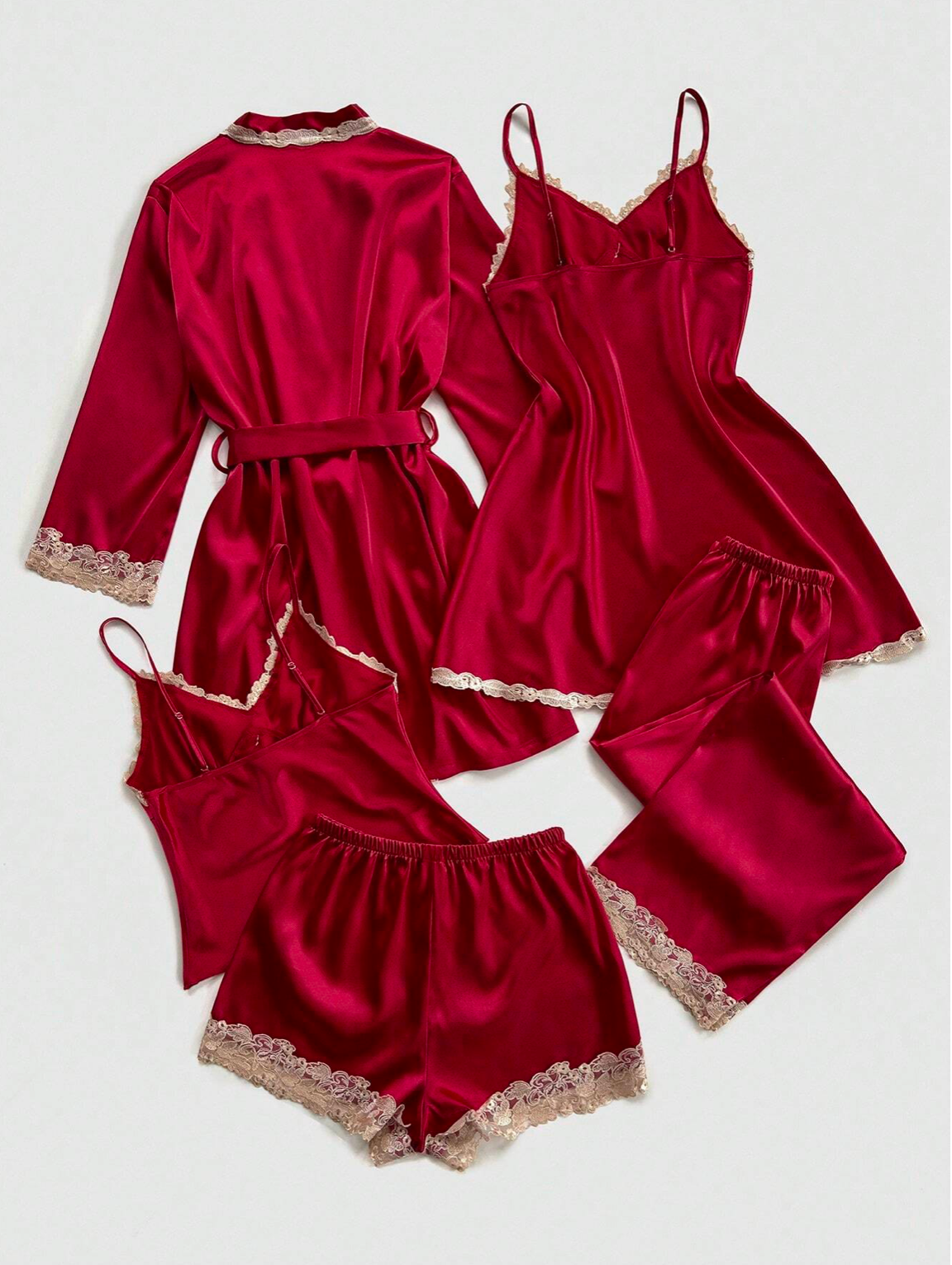 5pcs Red and Gold Silk Pajama
