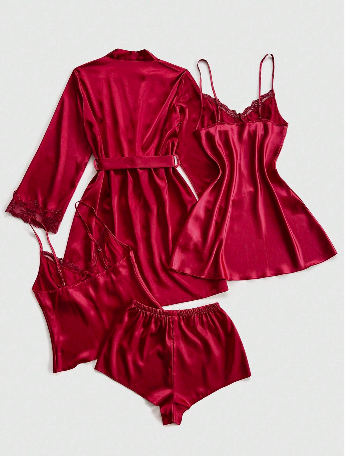 4pcs Red Lace and Silk Pajama