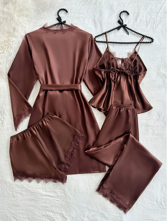 4pcs Deep Brown Silk Pajama