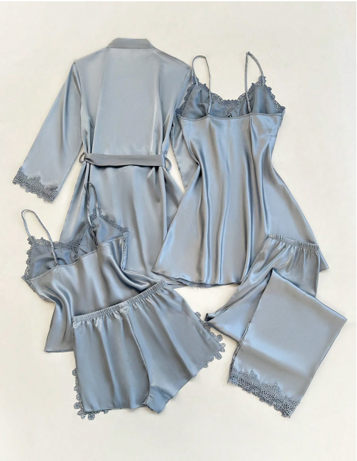 5pcs Blue Lace and Silk Pajama