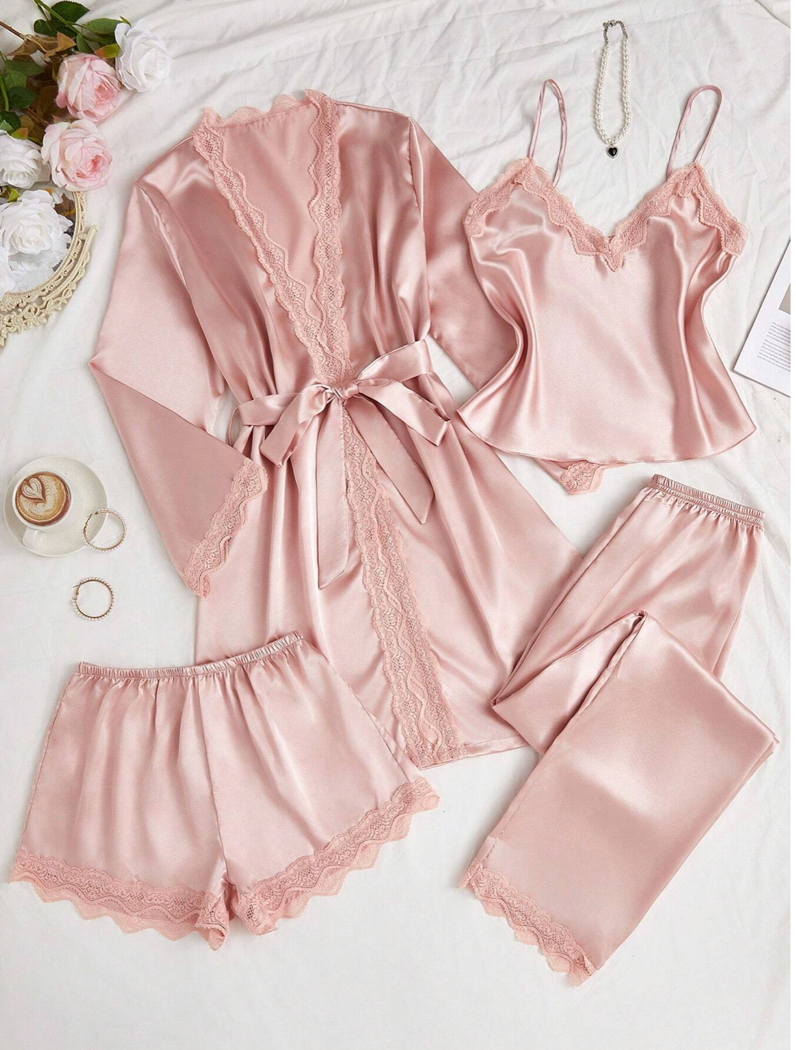 4pcs Pink Lace and Silk Pajama