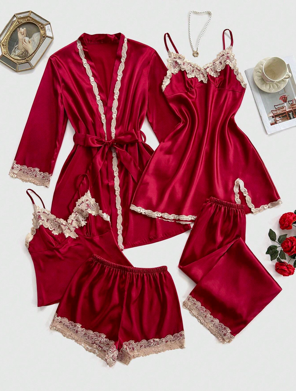 5pcs Red and Gold Silk Pajama