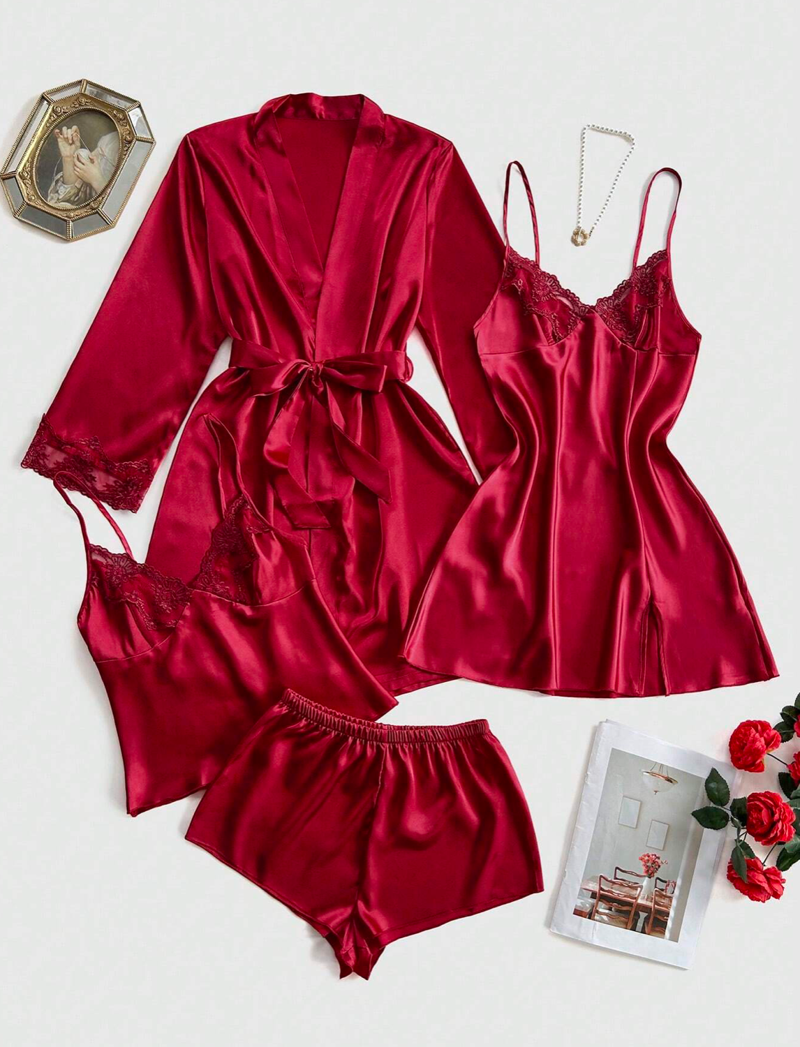 4pcs Red Lace and Silk Pajama