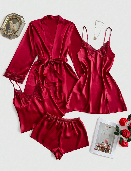 4pcs Red Lace and Silk Pajama