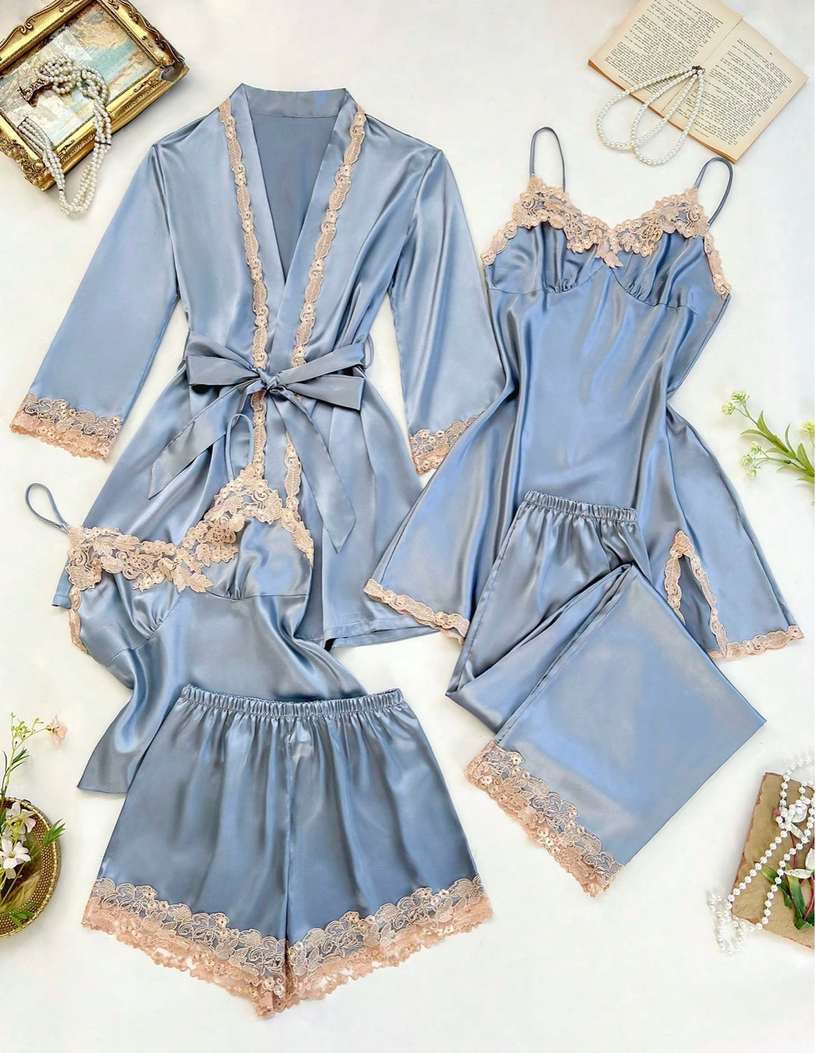 5pcs Blue and Gold Silk Pajama