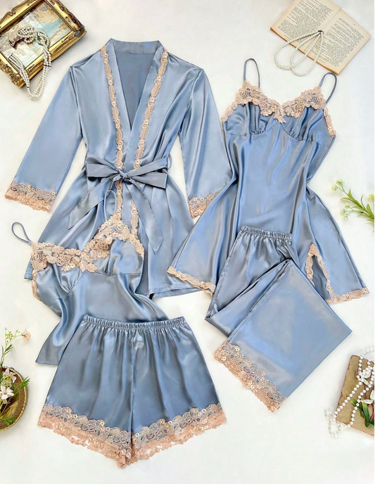5pcs Blue and Gold Silk Pajama