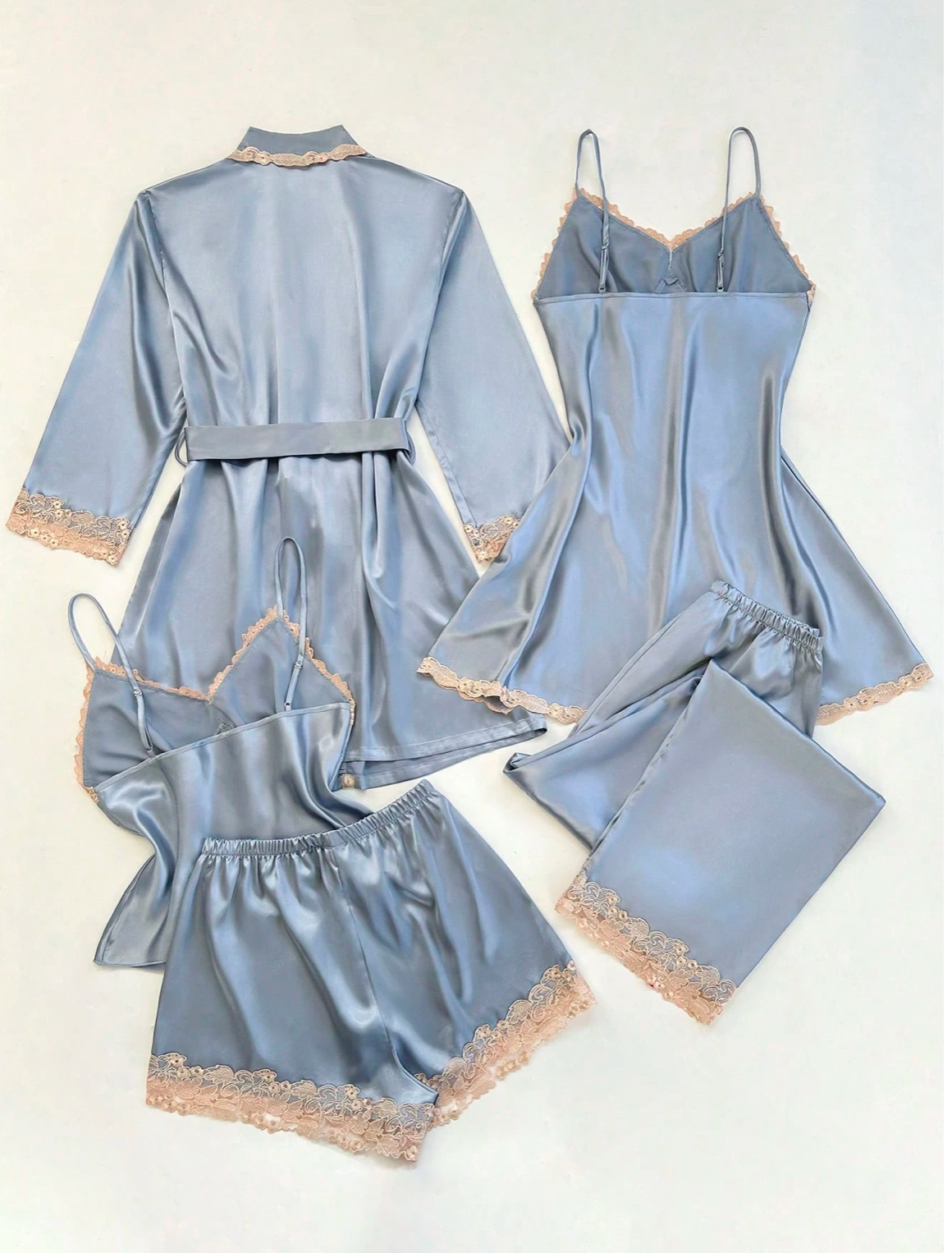 5pcs Blue and Gold Silk Pajama