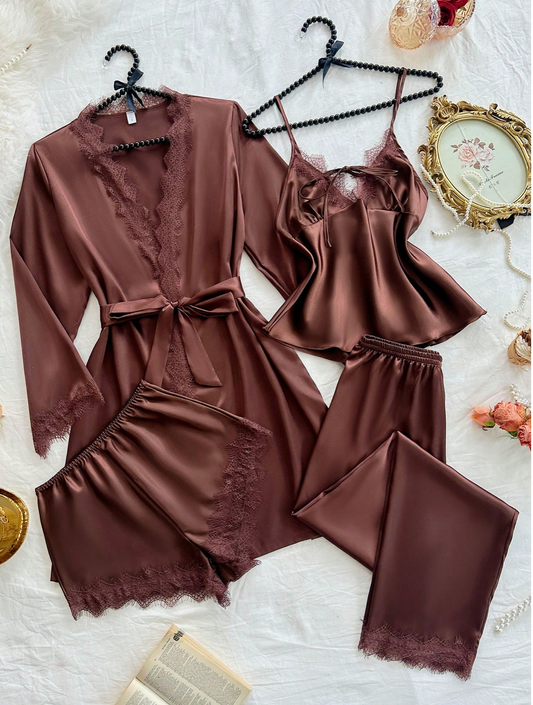 4pcs Deep Brown Silk Pajama
