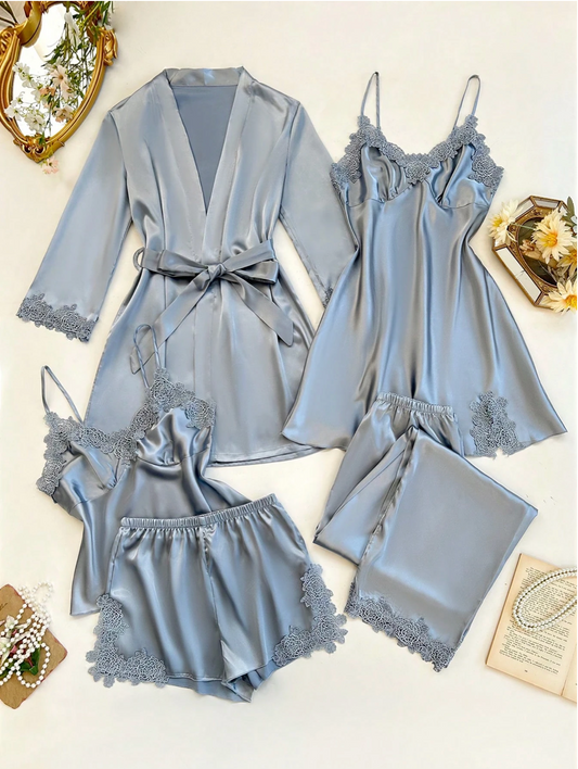 5pcs Blue Lace and Silk Pajama